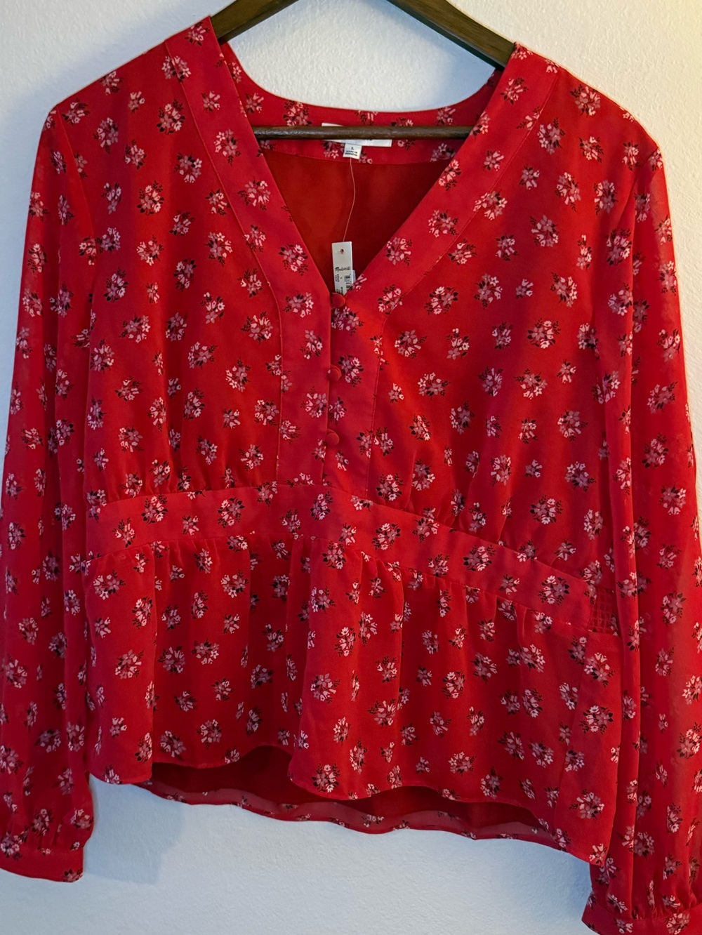 Madewell Red Floral Peplum V-Neck Blouse